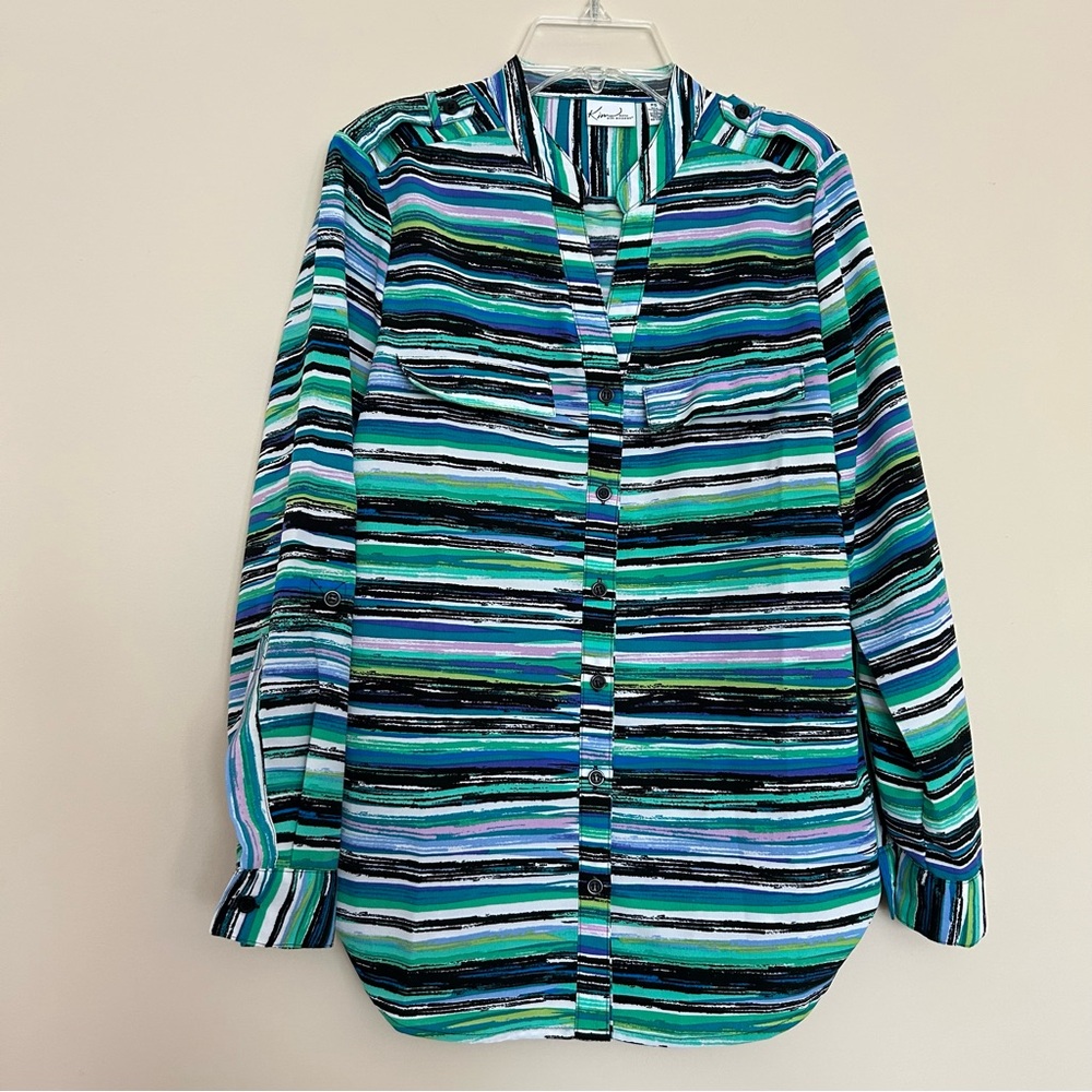 🔆Kim Rogers Women’s Striped Relaxed Green Button Down Shirt with Mandarin Collar